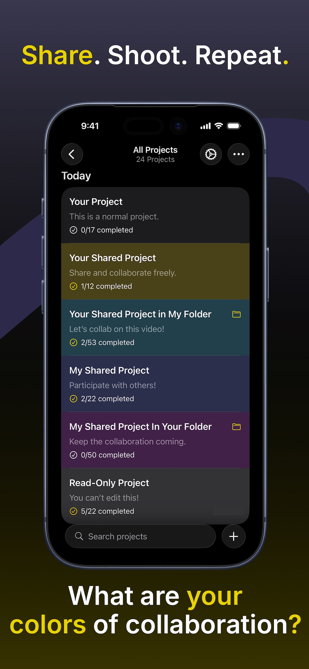 Share projects and folders via iCloud with collaborators or teammates